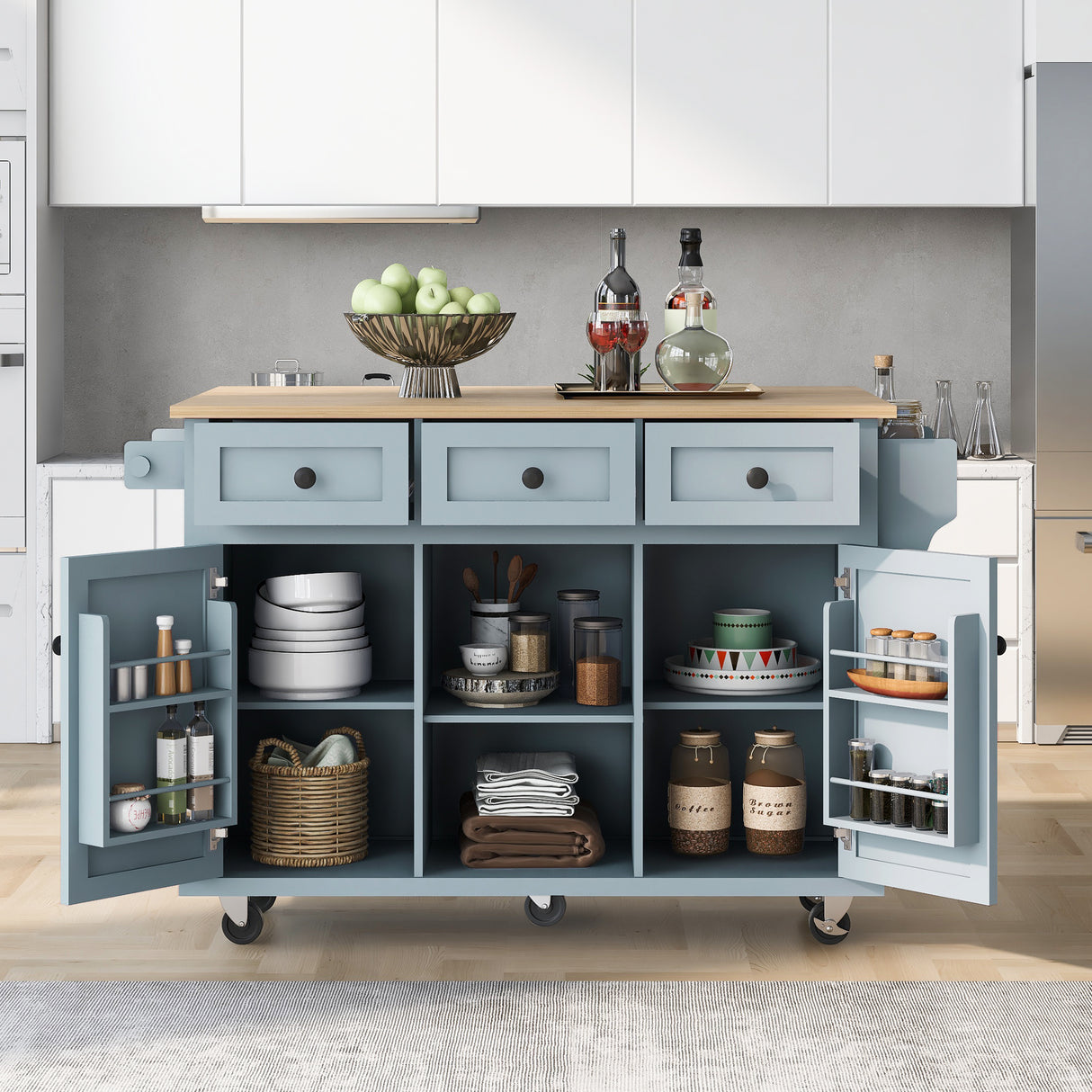 Kitchen handcart with rubber wood leaf countertop, storage cabinet, shelf, and 3 dining room drawers, gray blue - V.I.P Digital Presence