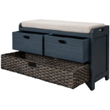 TREXM Storage Bench with Removable Basket and 2 Drawers, Fully Assembled Shoe Bench with Removable Cushion (Navy) - V.I.P Digital Presence