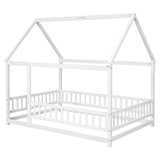 Full Size Floor Wooden Bed with House Roof Frame, Fence Guardrails ,White - V.I.P Digital Presence