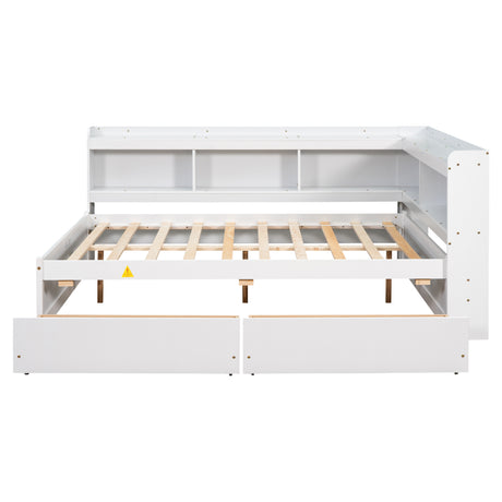 Full Bed with L-shaped Bookcases, Drawers ,White - V.I.P Digital Presence