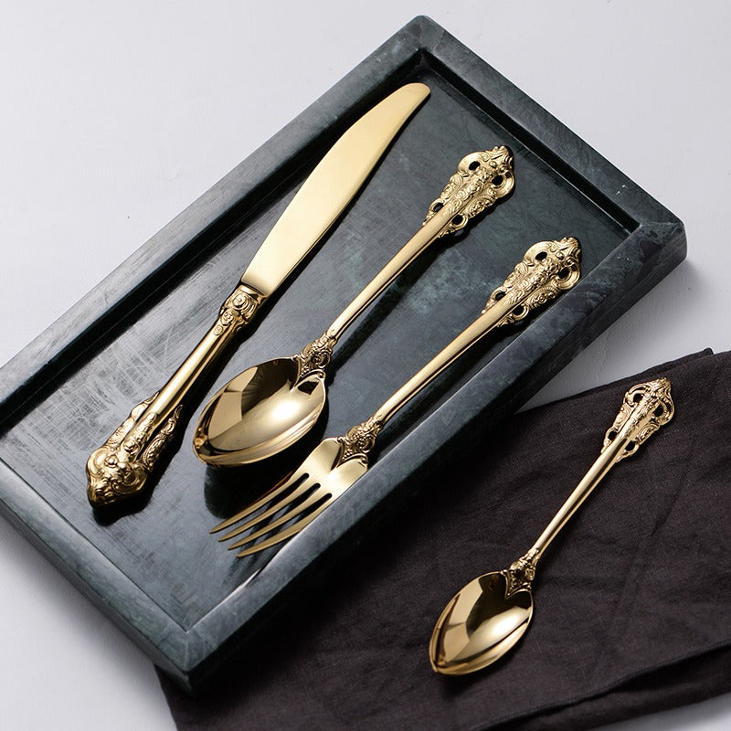 Stainless steel carved steak knife and fork, gold-plated palace Western restaurant knife, fork, spoon, Western tableware set of - V.I.P Digital Presence