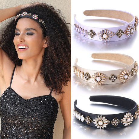 Fashionable Baroque Retro Set Water Diamond Flower Wide Edge Pearl Hair Hoop - V.I.P Digital Presence