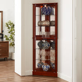 Corner Curio Dispaly Cabinet with Lights, Adjustable Tempered Glass Shelves, Mirrored Back,Cherry(E26 light bulb not included) - V.I.P Digital Presence