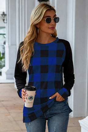 Plaid Round Neck Long Sleeve T-Shirt - V.I.P Digital Presence