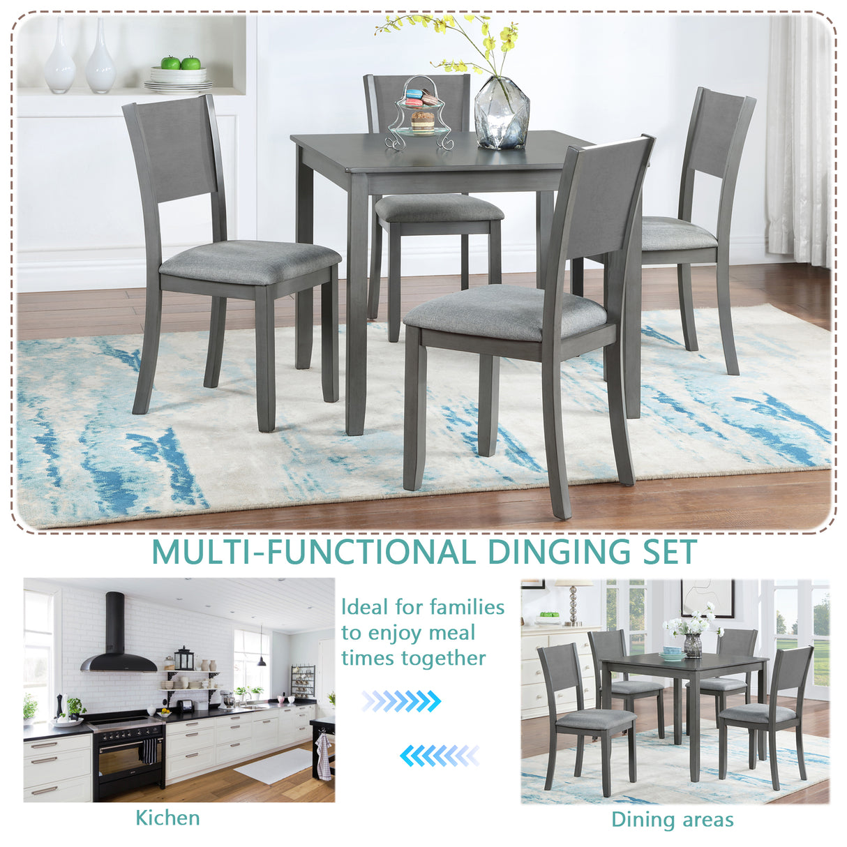 5 Piece Modern Dining Set, Square Wooden Dining Table with 4 Upholstered Chairs for Kitchen, Dining Room, Gray - V.I.P Digital Presence
