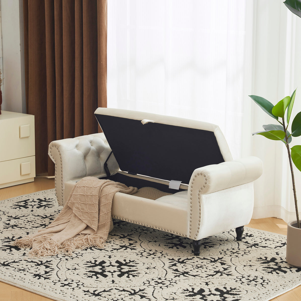 Velvet Multifunctional Storage Rectangular ottoman bench with 1 Pillow, Beige - V.I.P Digital Presence