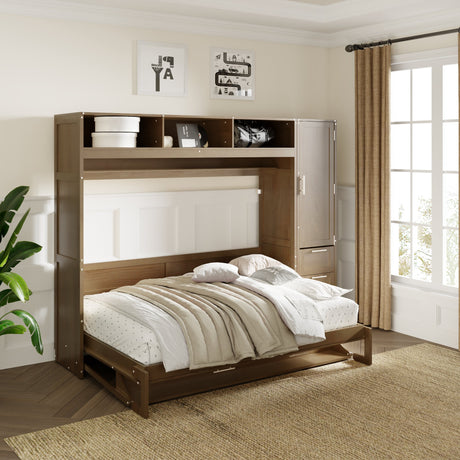 Full Size Murphy Bed with Wardrobe, Drawers and Open Shelves, Antique Grey - V.I.P Digital Presence
