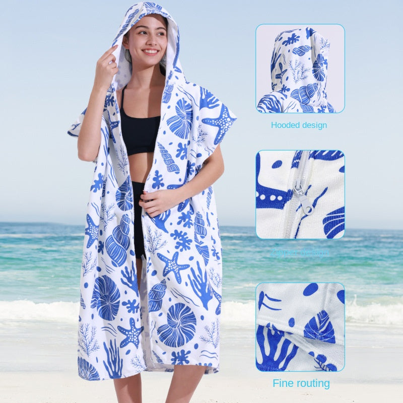 Hooded Towel Ultra-fine Fiber Zipper Wearable Bathrobe Cape Beach Towel - V.I.P Digital Presence