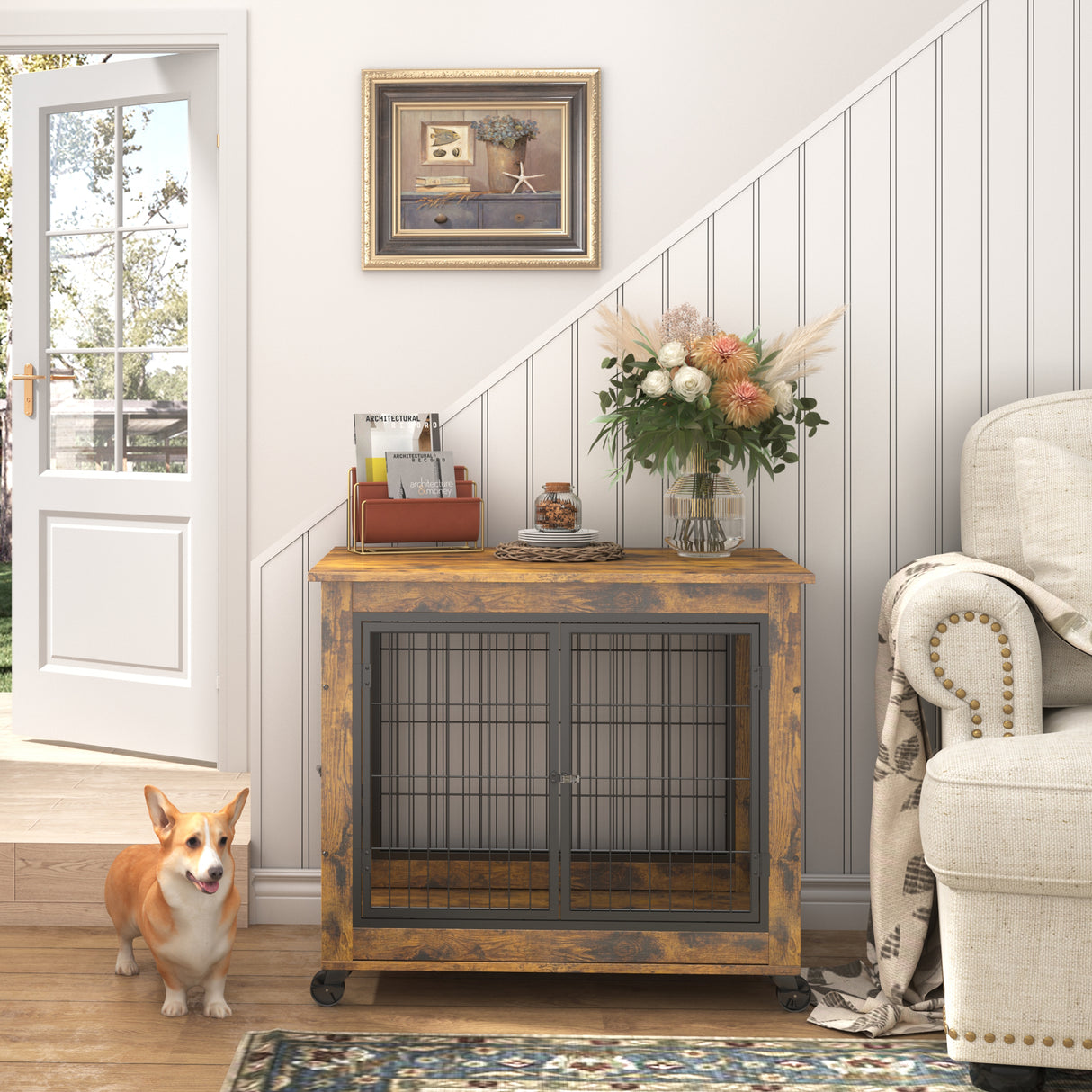 Furniture Style Dog Crate Side Table on Wheels with Double Doors and Lift Top. Rustic Brown, 31.50'' W x 22.05'' D x 25'' H. - V.I.P Digital Presence