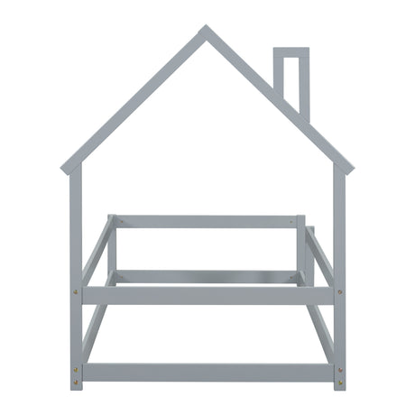 Twin Size Wood bed with House-shaped Headboard Floor bed with Fences,Grey - V.I.P Digital Presence
