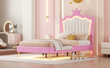 Twin Size Upholstered Bed Frame with LED Lights, Modern Upholstered Princess Bed with Crown Headboard, Pink+White - V.I.P Digital Presence