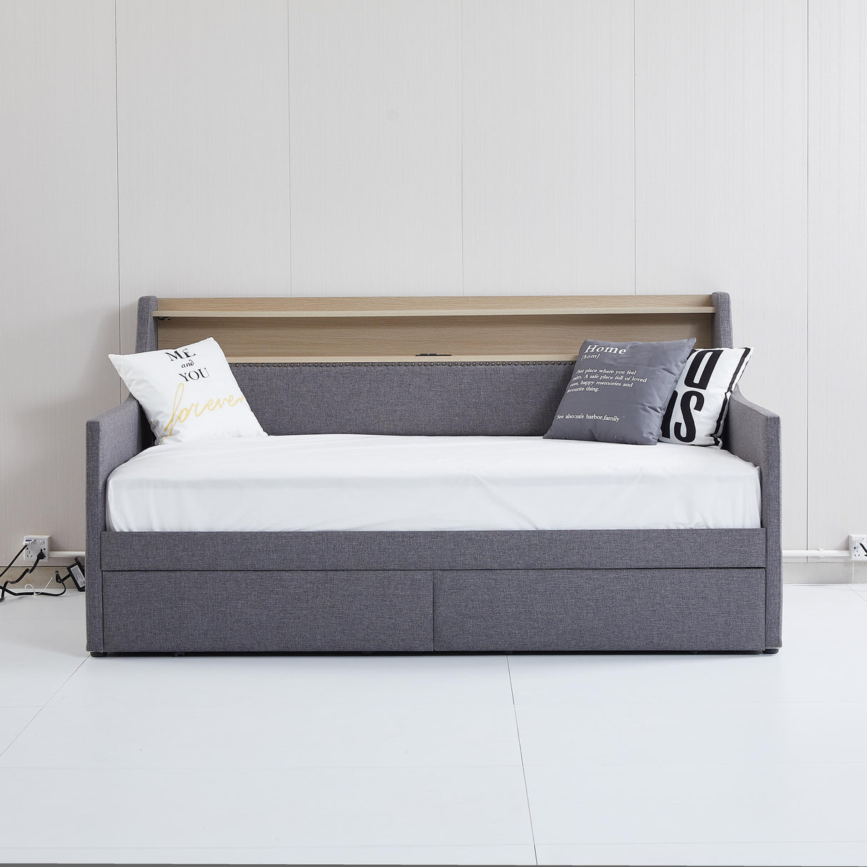 Twin Size Daybed with Storage Drawers, Upholstered Daybed with Charging Station and LED Lights, Gray - V.I.P Digital Presence