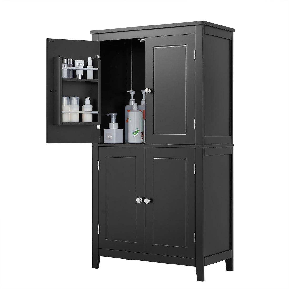 Bathroom floor storage cabinet, bathroom storage cabinet, 4-door independent cabinet, adjustable shelf, adaptive shelf, black - V.I.P Digital Presence
