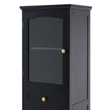 Tall Bathroom Storage Cabinet with Glass Doors, Free-Standing, Two Drawers, and Adjustable Shelves, MDF Board, Painted Black - V.I.P Digital Presence
