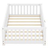 Twin Size Bed Floor Bed with Safety Guardrails and Door for Kids, White - V.I.P Digital Presence