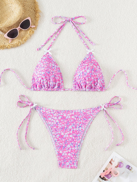 Floral triangle cup lace up sexy bikini split swimsuit for women - V.I.P Digital Presence