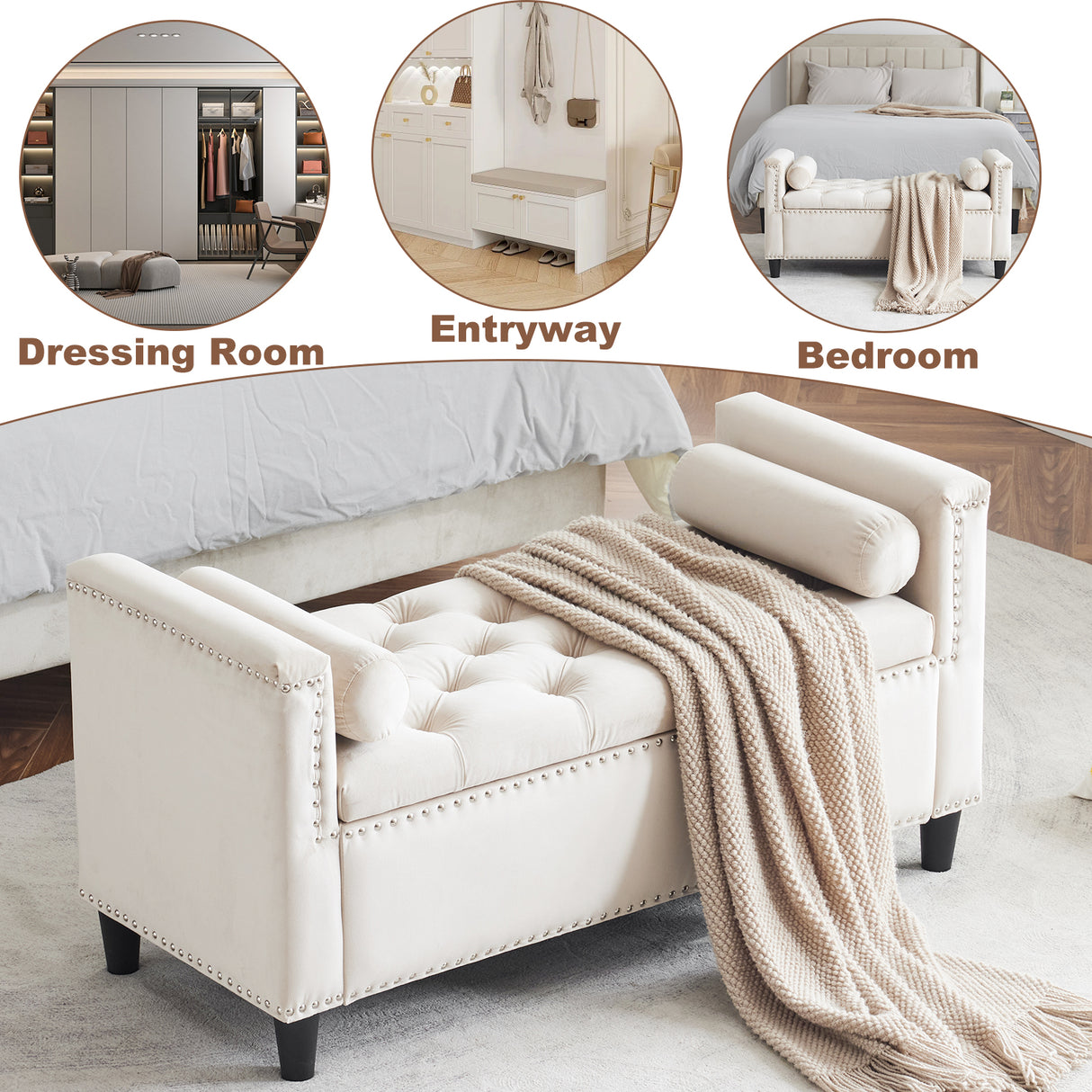 Storage Bench, 44.5-Inch Queen Velvet Button Bedside Bench, Entryway Living Room with Armrests, Nailhead Trim Cream White - V.I.P Digital Presence