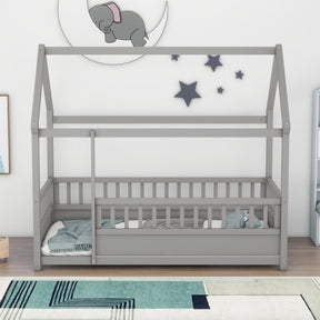 Twin Size Floor Wooden Bed with House Roof Frame Fence Guardrails Grey - V.I.P Digital Presence