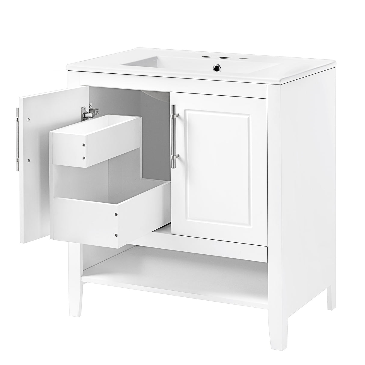 30" Bathroom Vanity with Sink  Multi-functional Bathroom Cabinet with Doors and Drawers Solid Frame and MDF Board, White - V.I.P Digital Presence