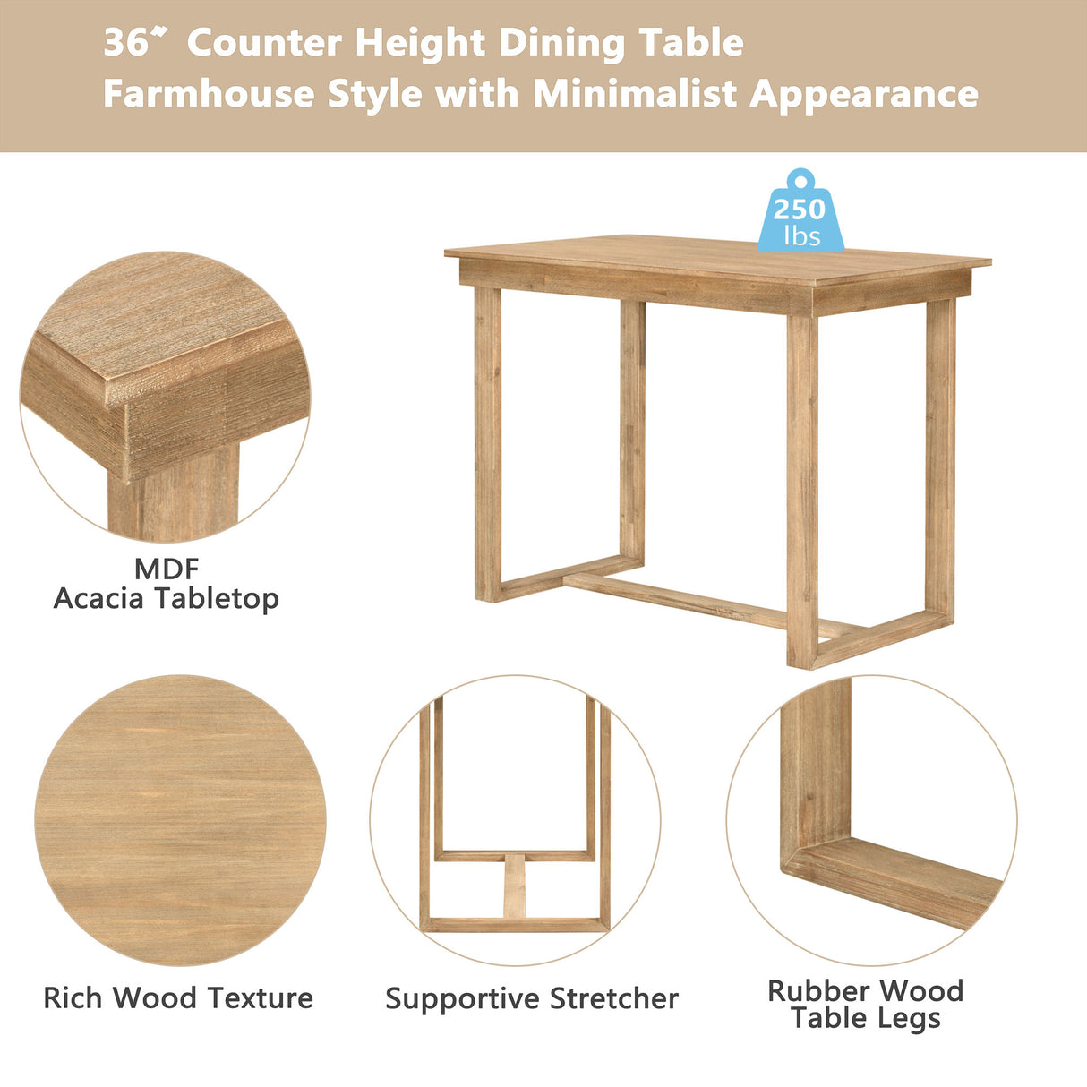 TOPMAX farmhouse countertop height 5-piece dining table set with 1 rectangular dining table and 4 brown dining chairs