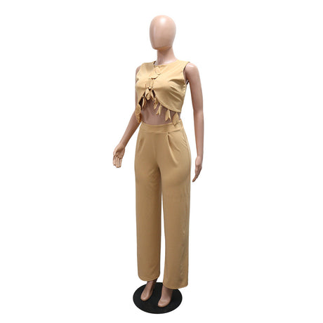 Round Neck Casual Sleeveless Sexy Top with Slim Long Pants Two-Piece Women's Set - V.I.P Digital Presence