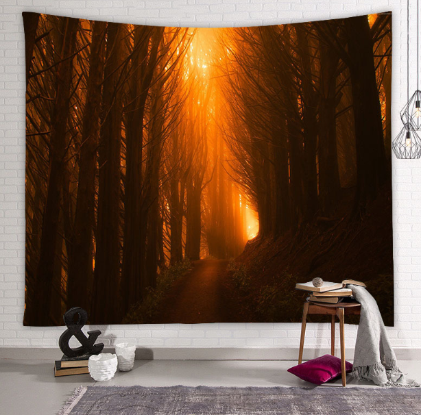 Hermoso tapiz de pared grande con estampado de bosque natural, decoración artística de pared 