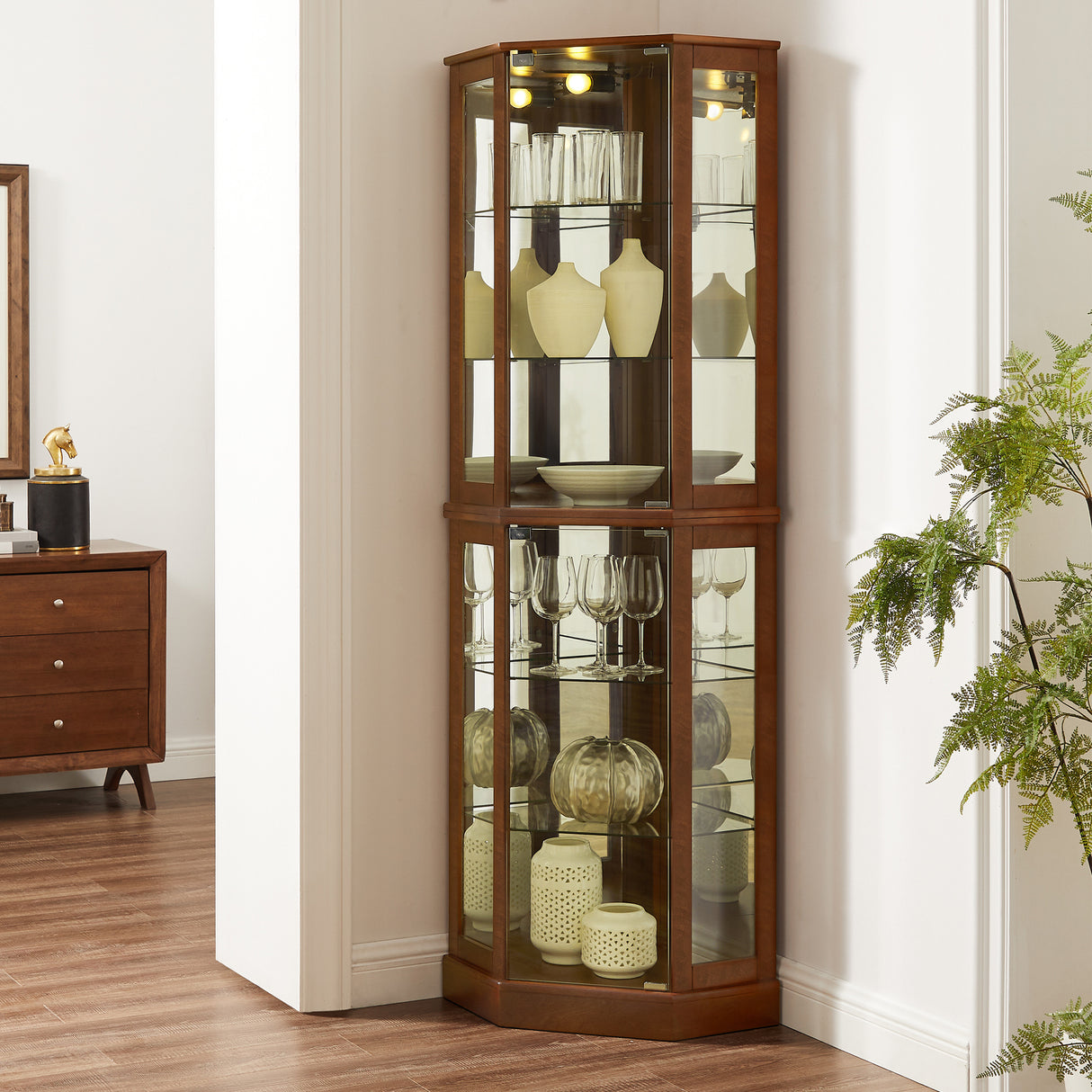 6 shelves corner Curio display cabinet with light mirror and adjustable shelves, walnut wood (excluding E26 light bulbs) - V.I.P Digital Presence