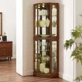 6 shelves corner Curio display cabinet with light mirror and adjustable shelves, walnut wood (excluding E26 light bulbs) - V.I.P Digital Presence