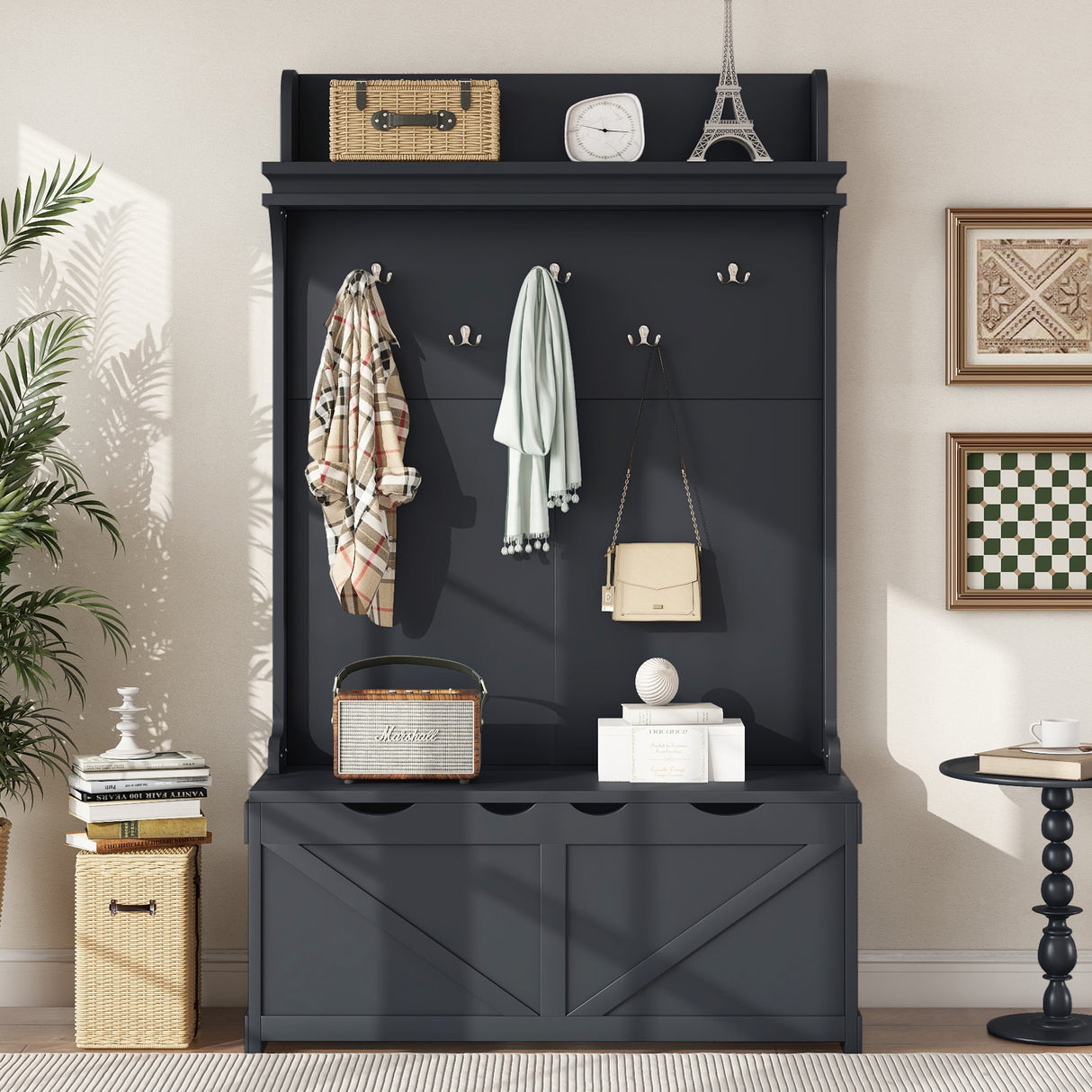 Hall tree with storage desk, entrance desk with drawers and 5 hooks, display rack, dark blue - V.I.P Digital Presence