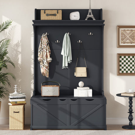 Hall tree with storage desk, entrance desk with drawers and 5 hooks, display rack, dark blue - V.I.P Digital Presence