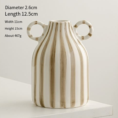 Hand drawn dual ear striped niche ceramic vase dining table flower arrangement ornament large belly simple floral ware - V.I.P Digital Presence