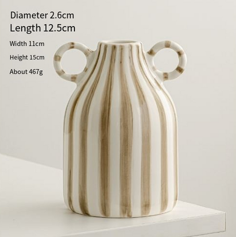 Hand drawn dual ear striped niche ceramic vase dining table flower arrangement ornament large belly simple floral ware - V.I.P Digital Presence