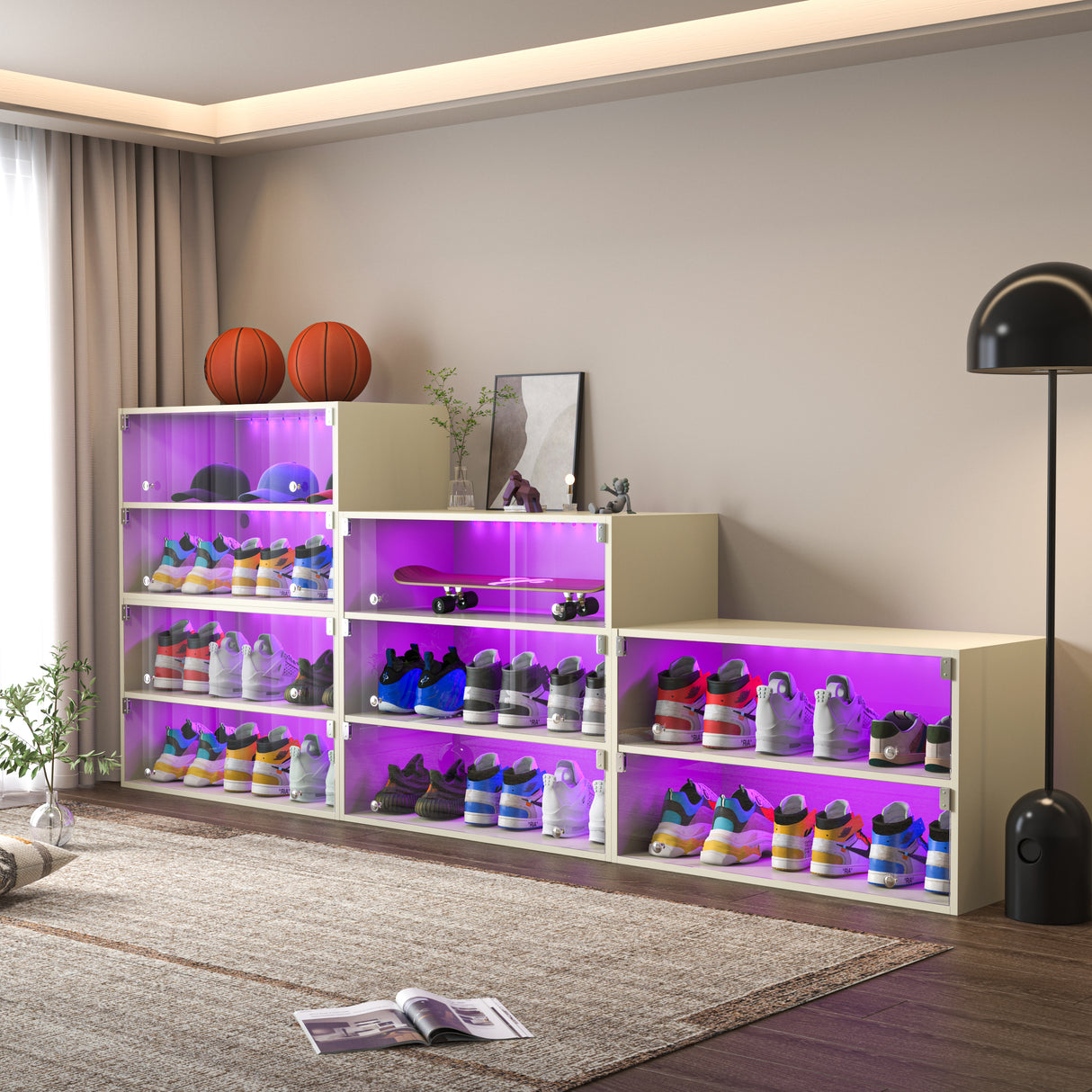 Off white Glass Door Shoe Box Shoe Storage Cabinet For Sneakers With RGB Led Light - V.I.P Digital Presence
