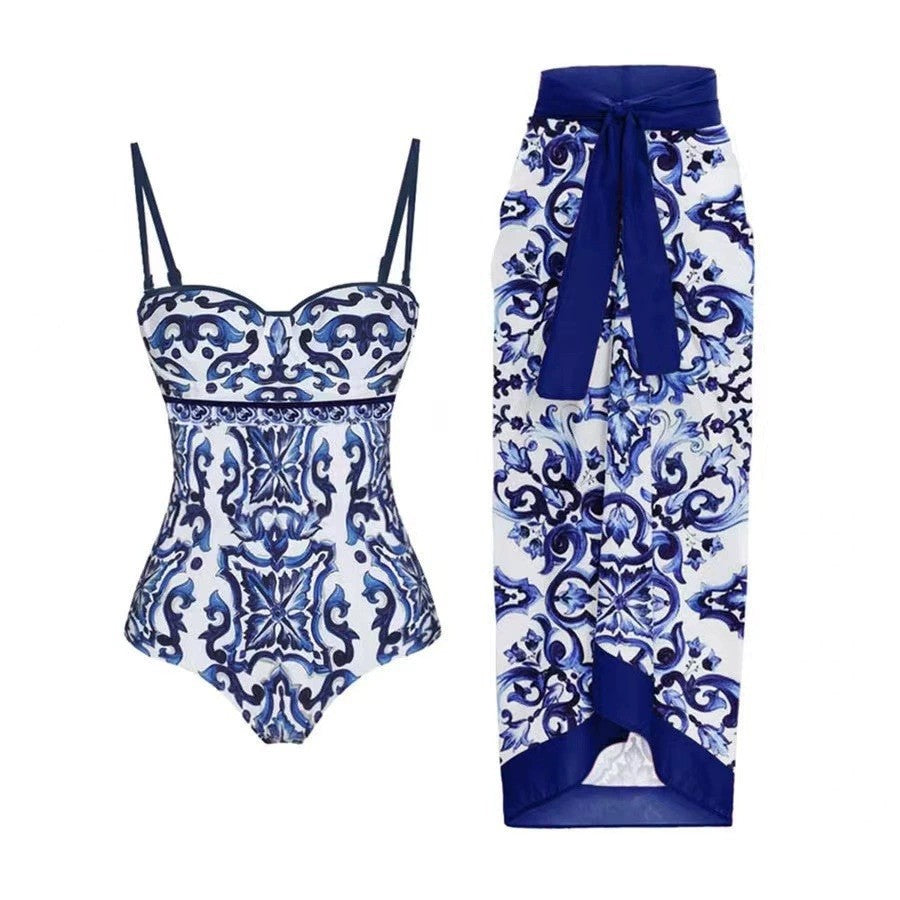 Blue and white porcelain print retro beach vacation hot spring swimsuit - V.I.P Digital Presence