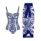 Blue and white porcelain print retro beach vacation hot spring swimsuit - V.I.P Digital Presence