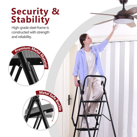 Four step ladder, lightweight folding four step stool, wide anti slip pedal and safety handle, sturdy steel ladder - V.I.P Digital Presence