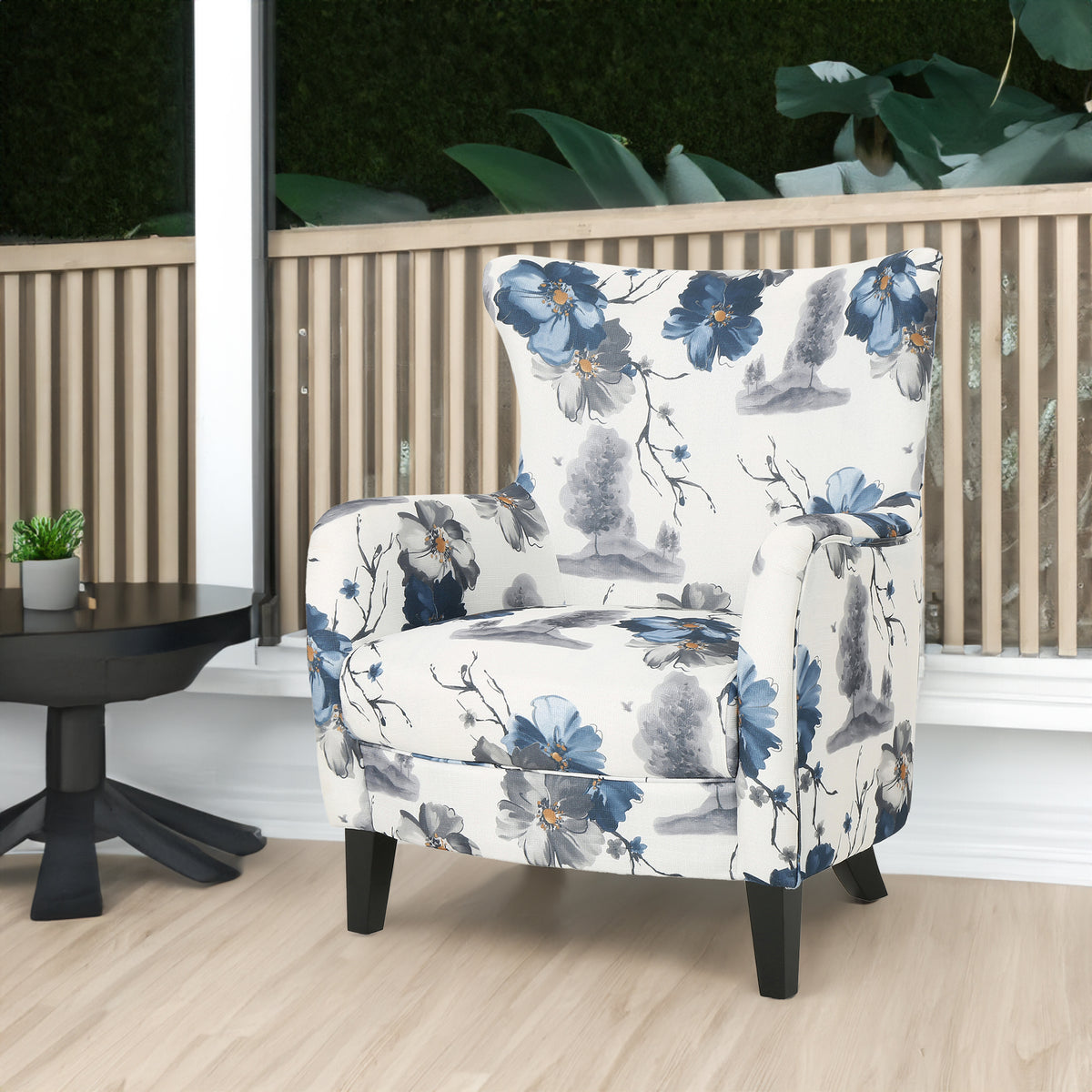 Modern retro printed fabric cushioned club chair, white and blue patterned armchair - V.I.P Digital Presence
