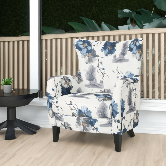 Modern retro printed fabric cushioned club chair, white and blue patterned armchair - V.I.P Digital Presence