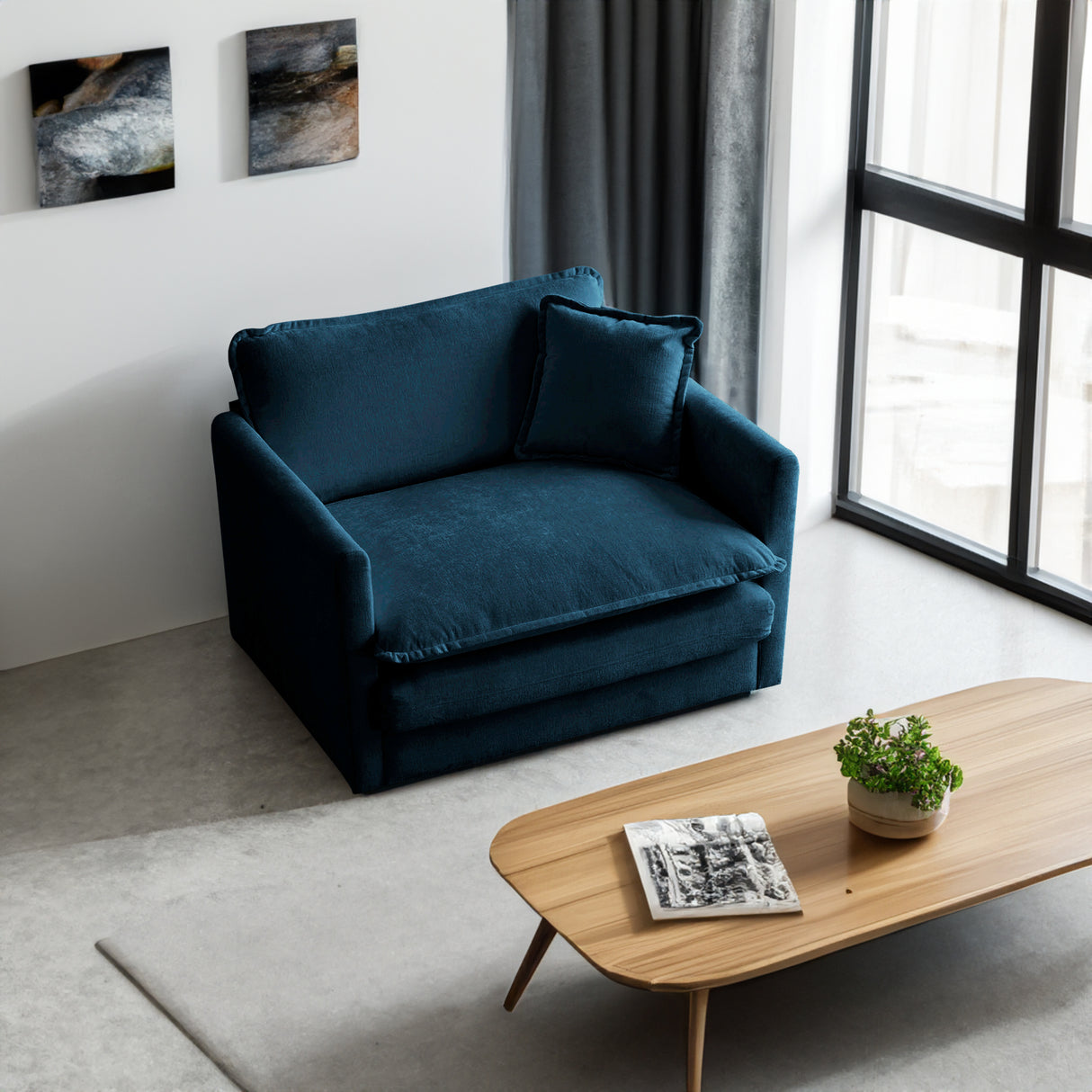 Comfy Deep Single Seat Sofa Upholstered Reading Armchair Living Room Chair Blue Chenille Fabric , 1 Toss Pillow - V.I.P Digital Presence