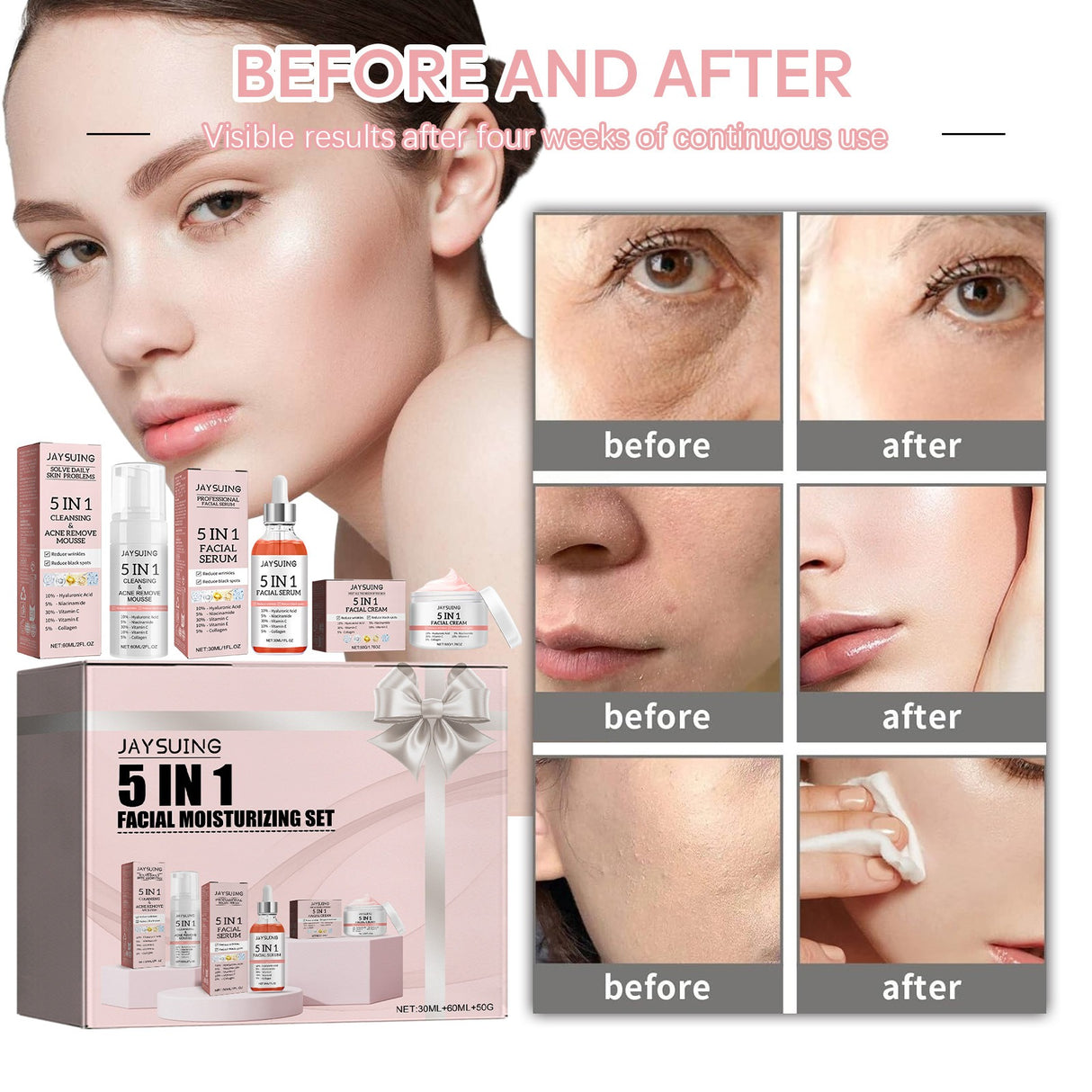 Jaysuing 5-in-1 facial moisturizing set Hydrating, moisturizing, deep moisturizing, whitening, brightening and firming skin - V.I.P Digital Presence