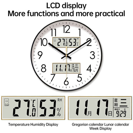 2025 New 10/12/14 - inch Electronic Calendar Wall Clock. Monitors temp & humidity. Dual - display. Mute. Quartz movement. - V.I.P Digital Presence