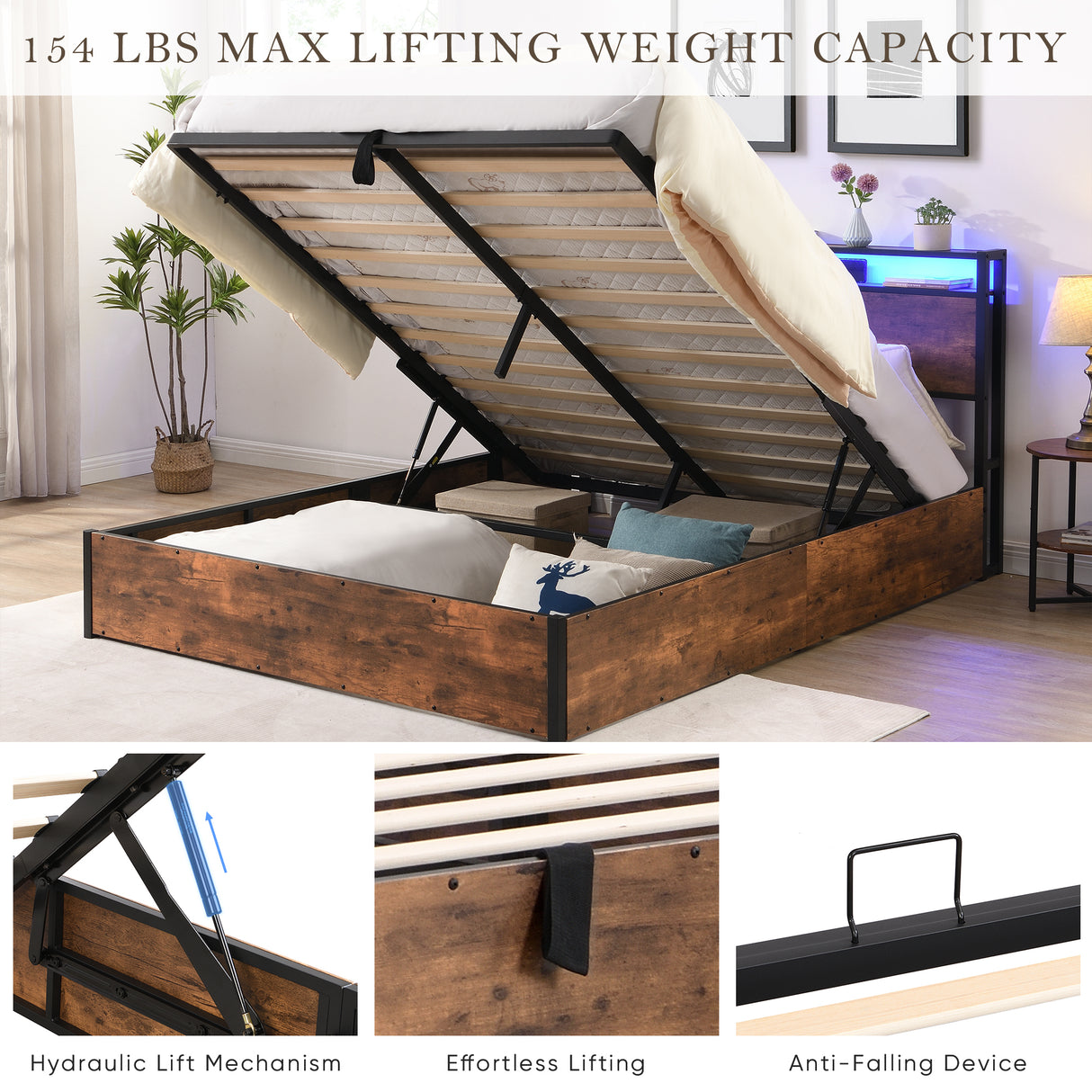 Elevating storage bed frame, full-size bed frame with bookshelf headboard and LED lights, with country brown color - V.I.P Digital Presence