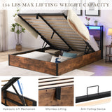 Elevating storage bed frame, full-size bed frame with bookshelf headboard and LED lights, with country brown color - V.I.P Digital Presence