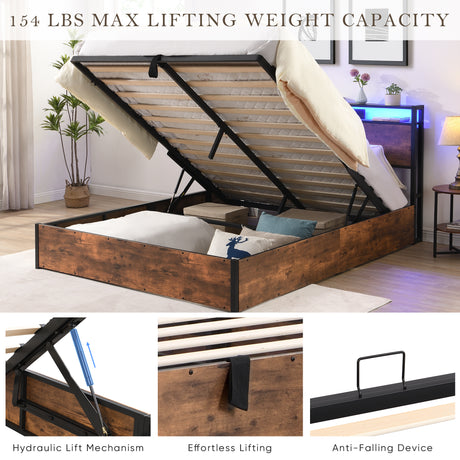 Elevating storage bed frame, full-size bed frame with bookshelf headboard and LED lights, with country brown color - V.I.P Digital Presence