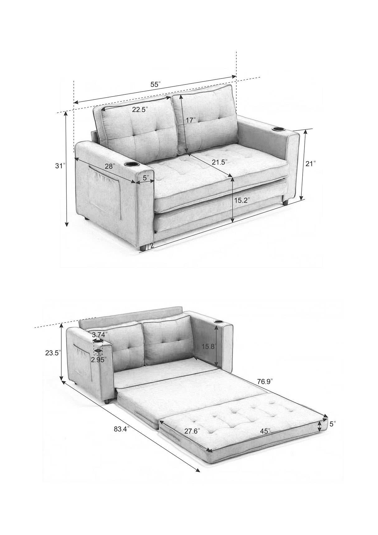 Three in one soft cushion cushion cushion sofa, folding mattress sofa bed, with side pockets and cup holder, dark gray - V.I.P Digital Presence