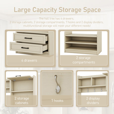Four in one detachable hall tree with drawers and cabinets, 7 hooks, multifunctional corridor hangers, antique beige shoe stools - V.I.P Digital Presence