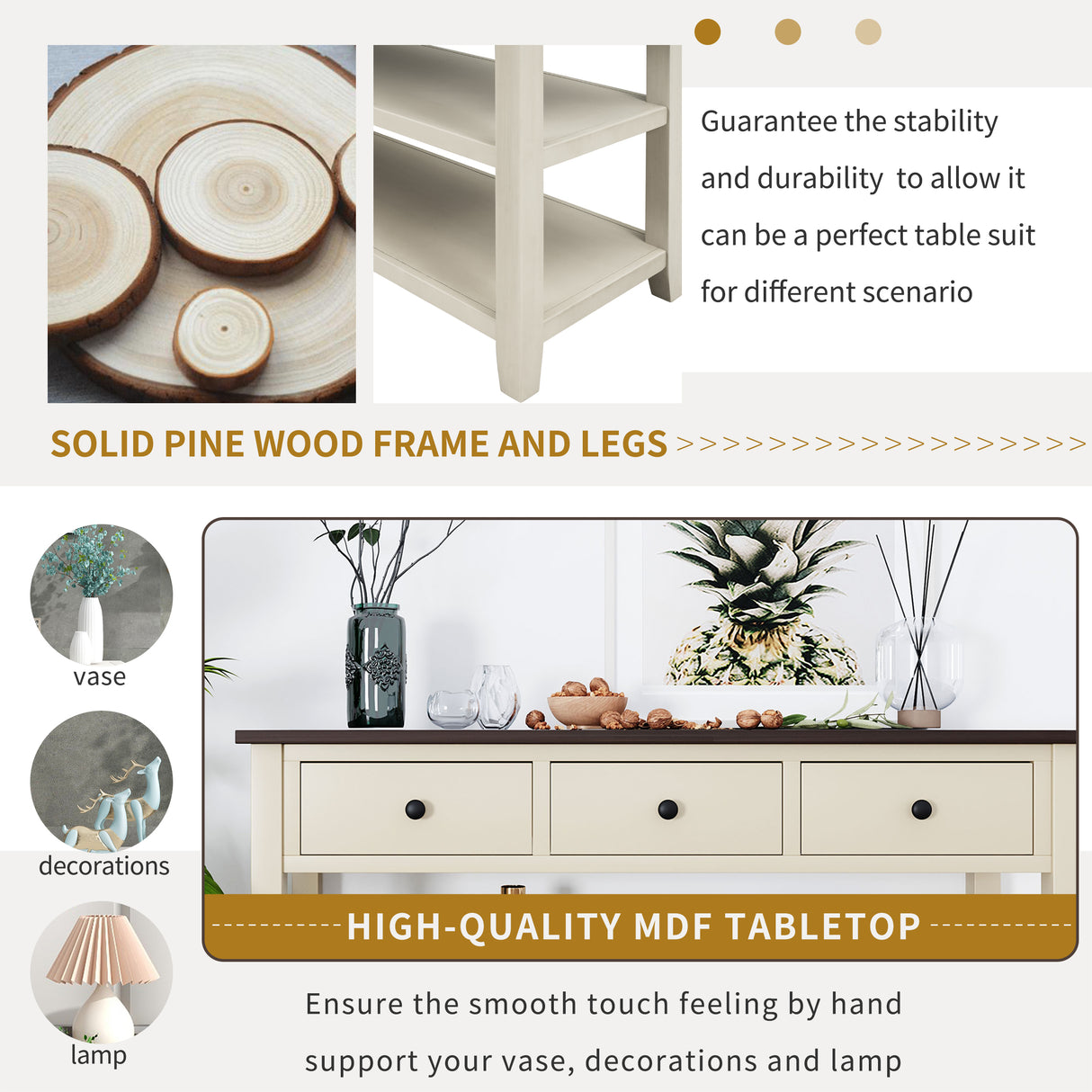 Retro Design Console Table with Two Open Shelves, Pine Solid Wood Frame and Legs for Living Room (Espresso+Beige) - V.I.P Digital Presence