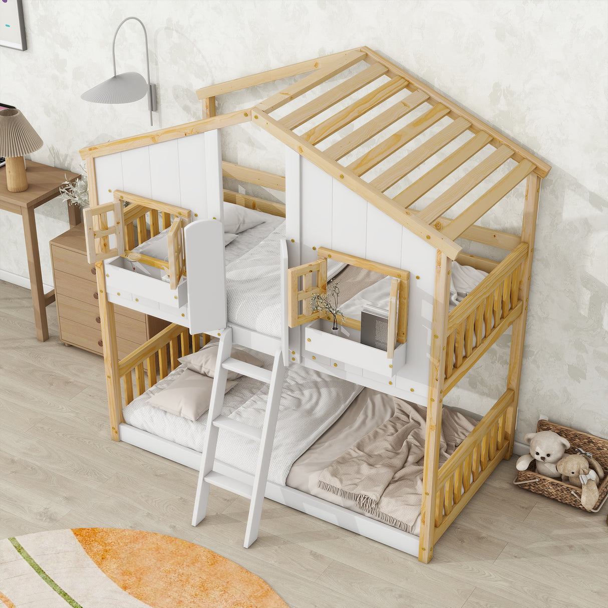 Twin over Twin House Bunk Bed with Roof , Window, Window Box, Door , with Safety Guardrails and Ladder, Natural/White - V.I.P Digital Presence