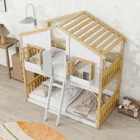 Twin over Twin House Bunk Bed with Roof , Window, Window Box, Door , with Safety Guardrails and Ladder, Natural/White - V.I.P Digital Presence