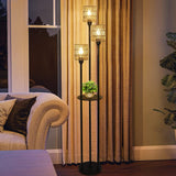 Boho Floor Lamp with Shelves 3-Lights Farmhouse Tall Floor Lamp with ON/OFF Foot Switch Rustic Standing Lamp with Rattan Shades - V.I.P Digital Presence